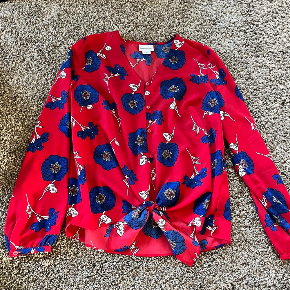 Liz Claiborne Red Floral Button-Front Blouse with Blue Flowers